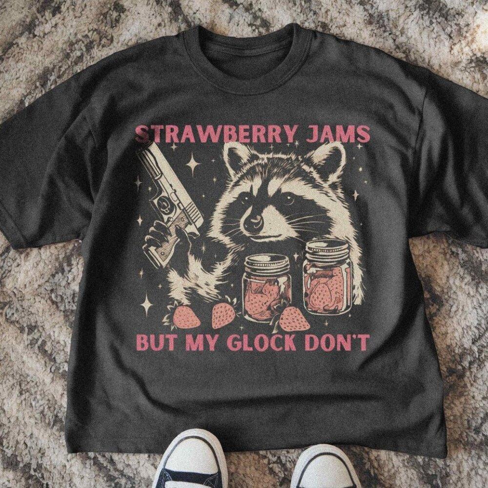 Strawberry Jams Raccoon Retro Trash Panda Tee Funny Animal Pun Shirt